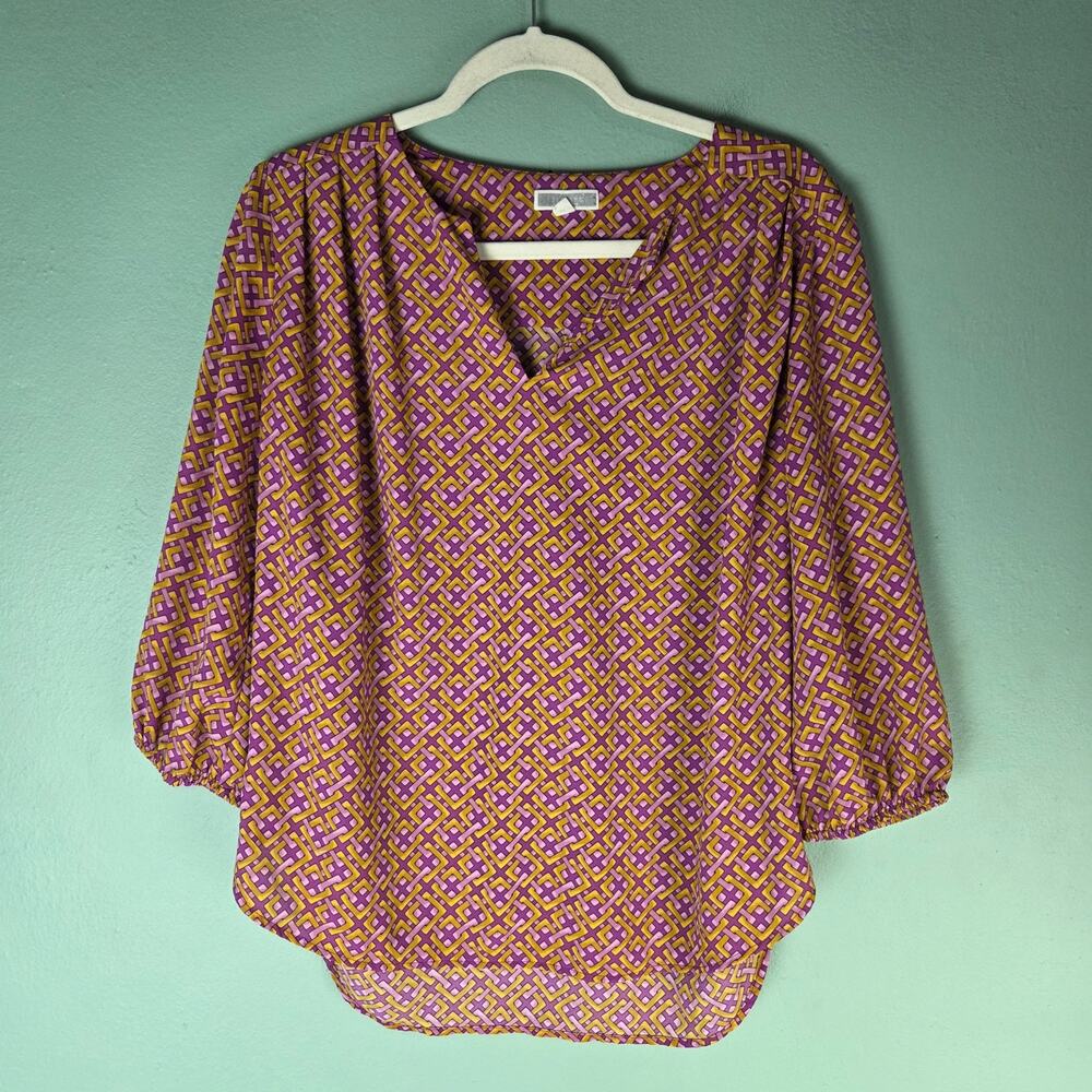 Pleione Womens Blouse Medium Purple Yellow Geometric 3/4 Sleeve Boho VNeck Top